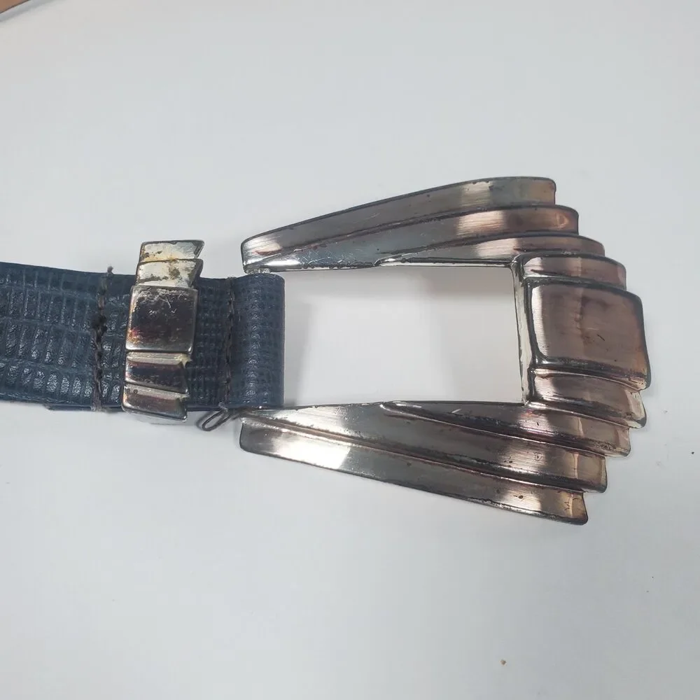 Vintage The Ritz Women's Blue Croc Embossed Leather Belt Art Deco Silver Buckle